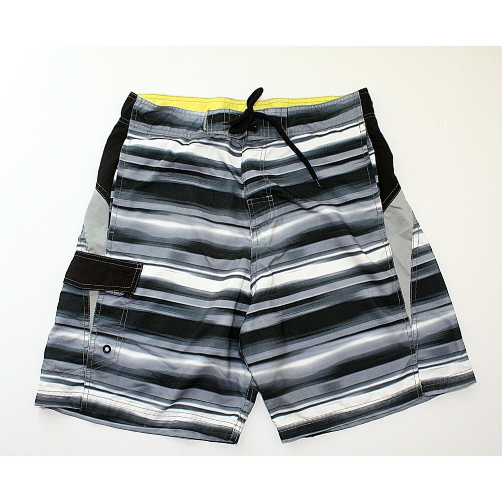 BANANA BOAT Mens Swimming Trunks Board Shorts Black Gray White Stripes Sz. L #02